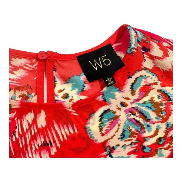 W5 Women Bright Red Floral Print Top Blouse SZ L  Flared Short Sleeve Pullover - Picture 3 of 11